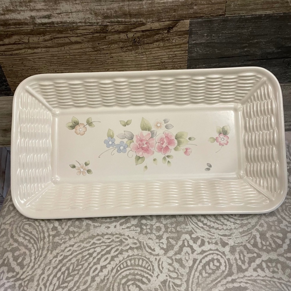 Pfaltzgraff Serving Platter Tea Rose Rectangular Floral Basketweave Vintage USA